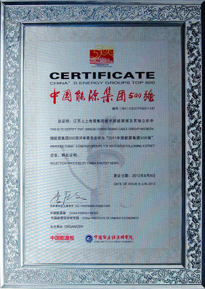 金年会荣获2011年“中国能源集团500强”